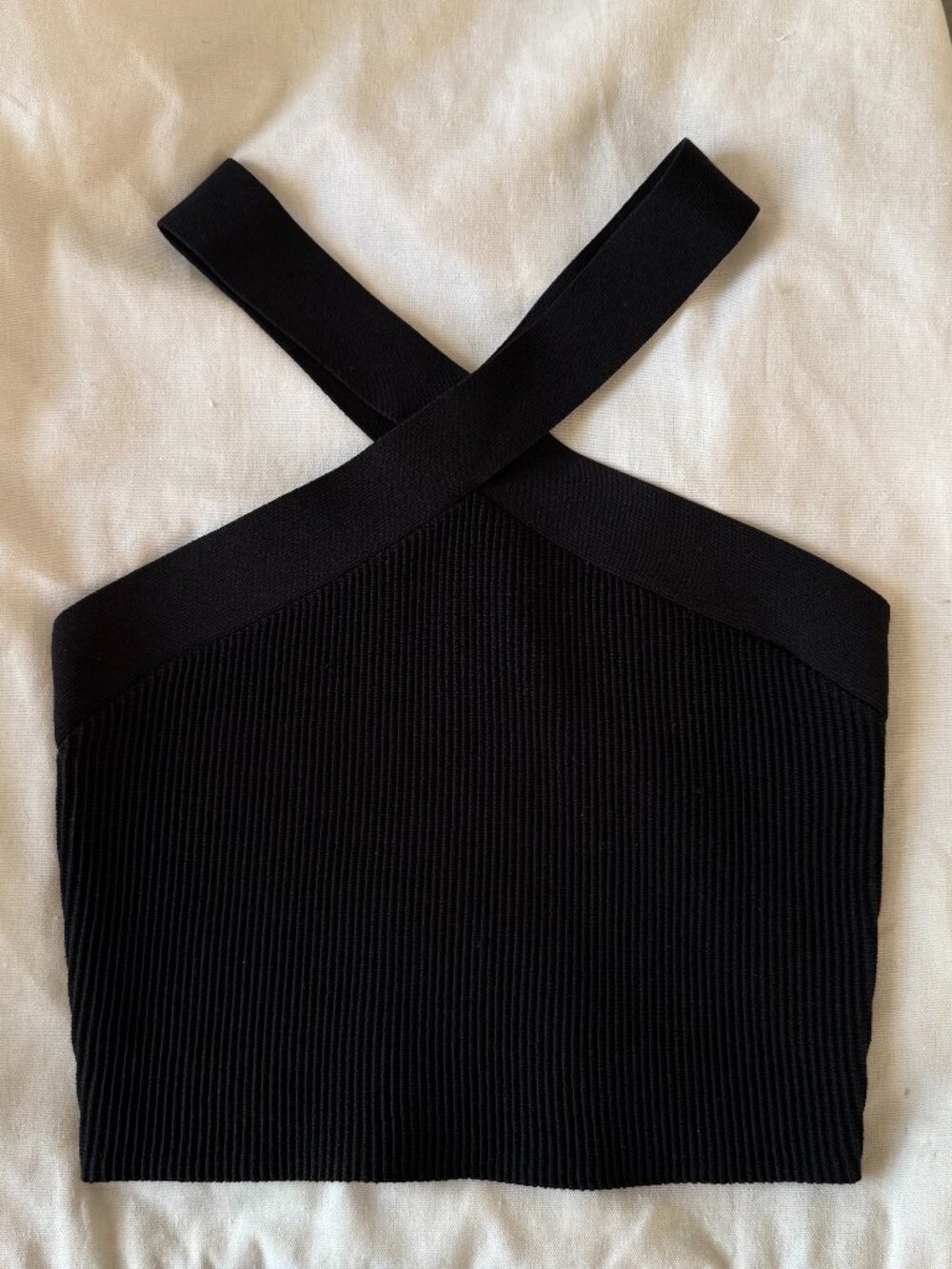 Quince Cropped Halter Ribbed Knit Tank in Black, Size Small